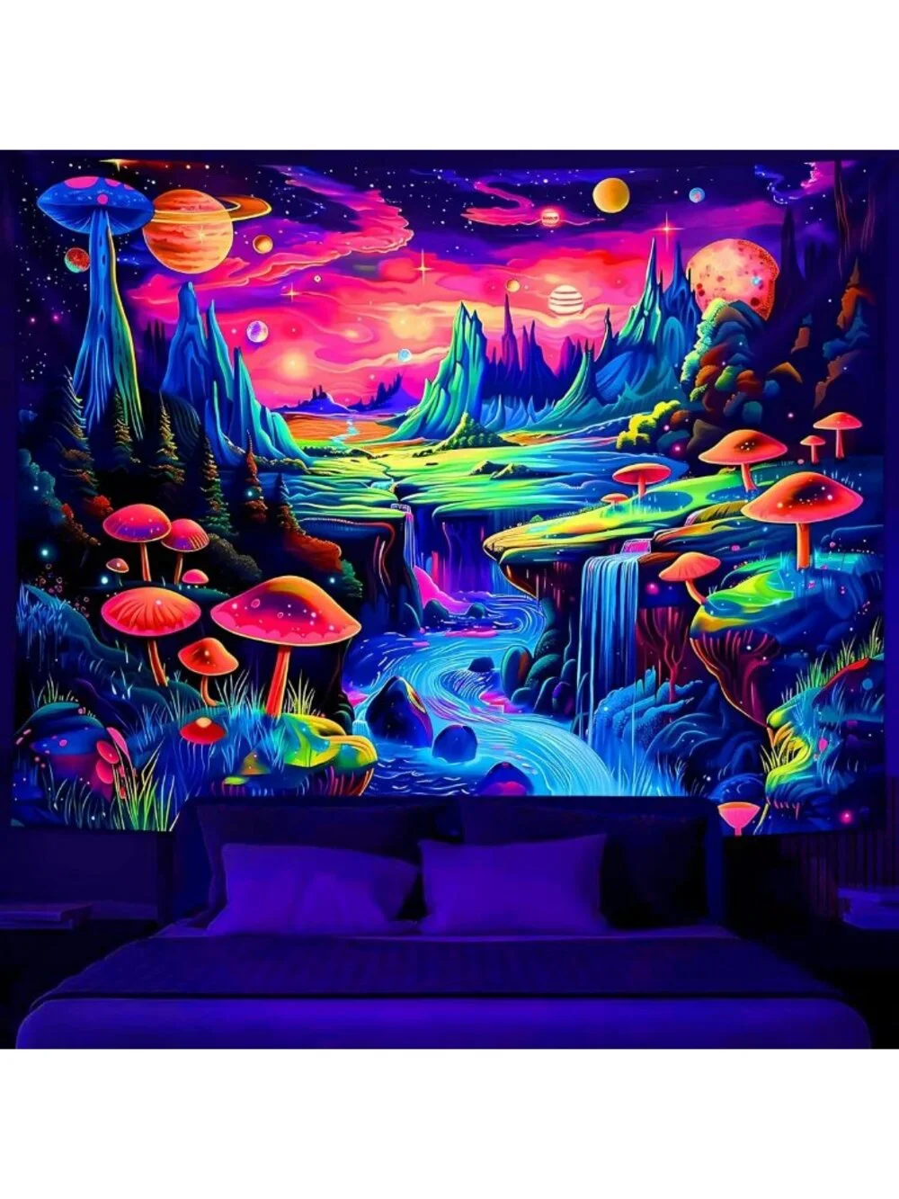 Colorful Galaxy Tapestry, UV Reactive Mushroom & Waterfall Wall Art, Aesthetic
